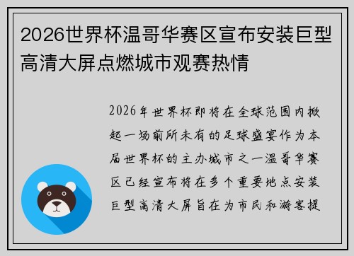 2026世界杯温哥华赛区宣布安装巨型高清大屏点燃城市观赛热情